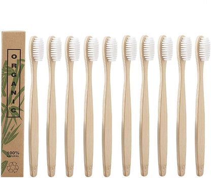 10Pk White Wooden Bamboo Toothbrush Bulk Wood Eco Tooth Brushes Soft Bristles