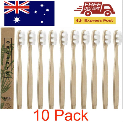 10Pk White Wooden Bamboo Toothbrush Bulk Wood Eco Tooth Brushes Soft Bristles