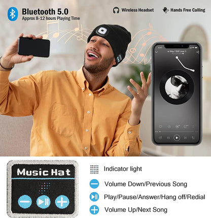 Bluetooth 5.0 LED Beanie Hat with Music Speakers Mic Rechargeable Cap Head Light