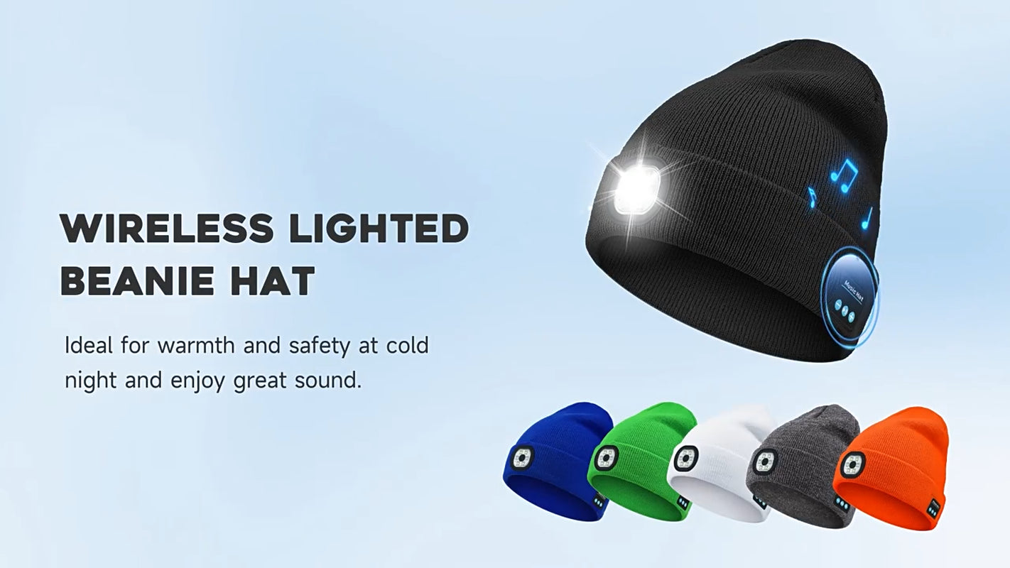 Bluetooth 5.0 LED Beanie Hat with Music Speakers Mic Rechargeable Cap Head Light