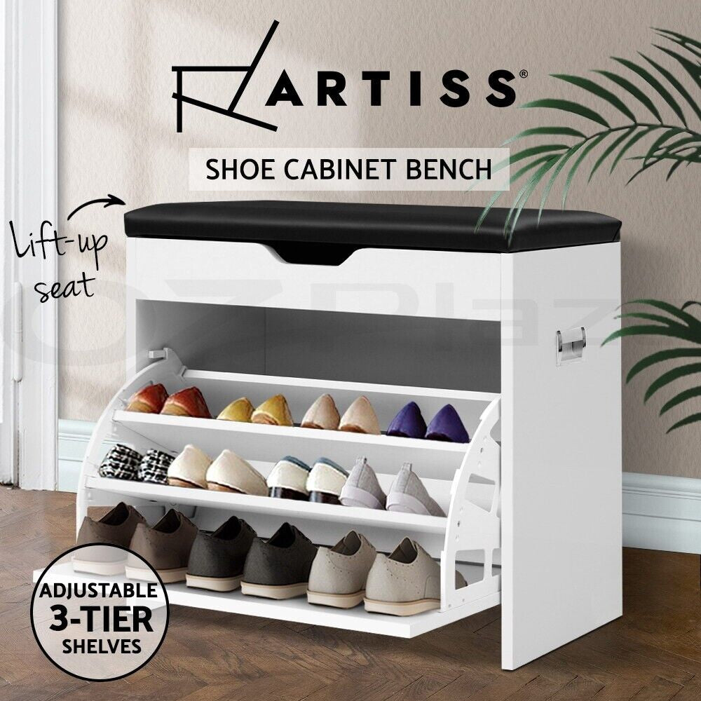 Artiss Shoe Rack Storage Cabinet Bench Organiser Storage Cupboard 3-Tier White