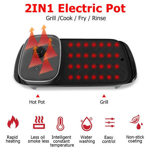 Electric 2 in 1 Hot Pot BBQ Oven Smokeless Barbecue Pan Grill Hotpot Machine AU