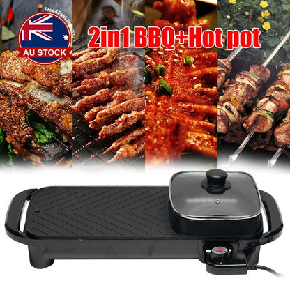 Electric 2 in 1 Hot Pot BBQ Oven Smokeless Barbecue Pan Grill Hotpot Machine AU