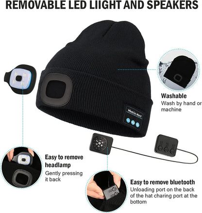 Bluetooth 5.0 LED Beanie Hat with Music Speakers Mic Rechargeable Cap Head Light