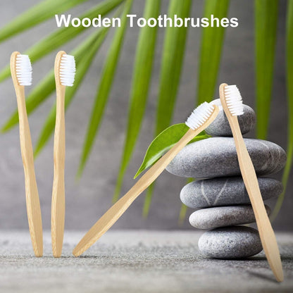 10Pk White Wooden Bamboo Toothbrush Bulk Wood Eco Tooth Brushes Soft Bristles