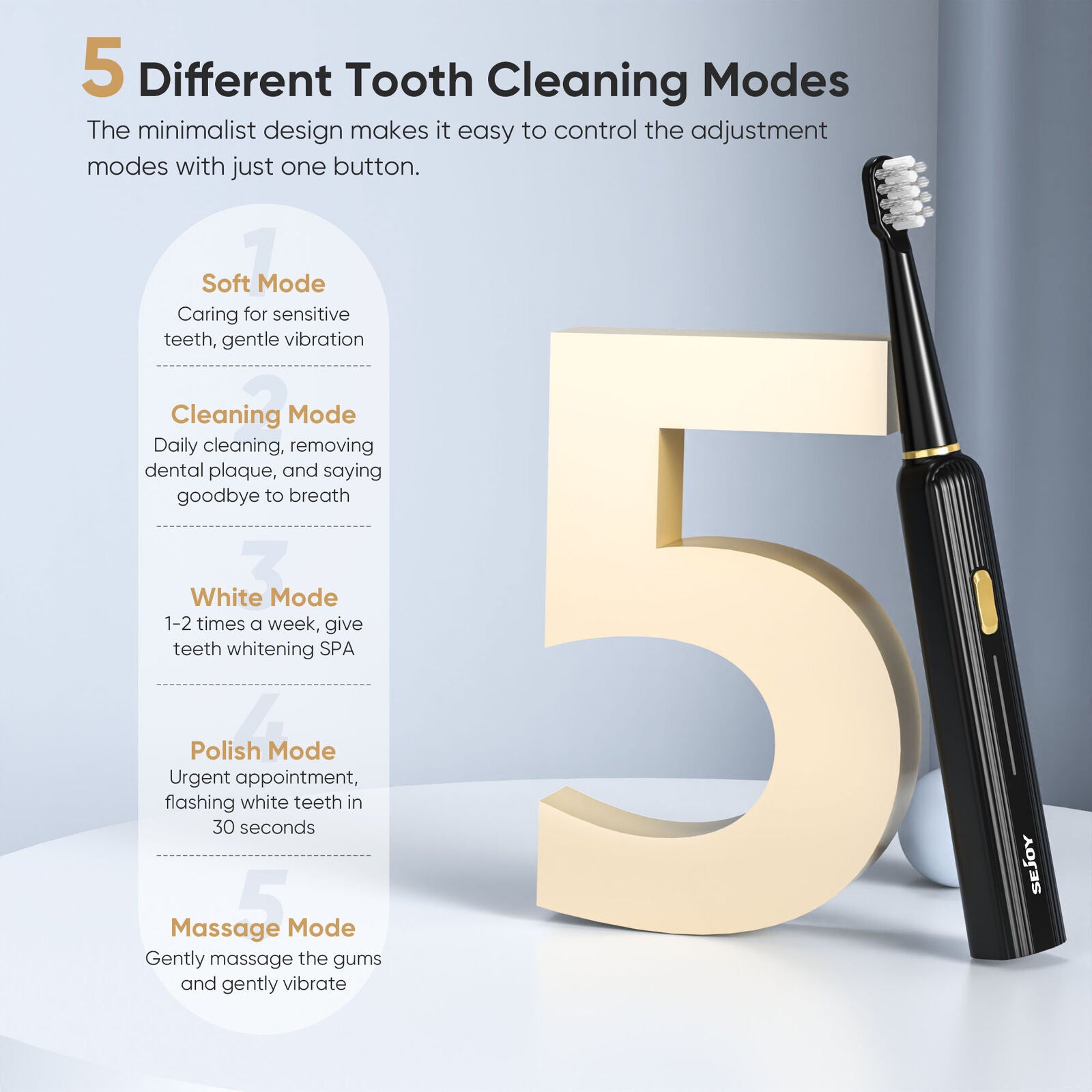 SEJOY Sonic Electric Toothbrush Rechargeable with 12 Brush Heads 5 Modes Timer